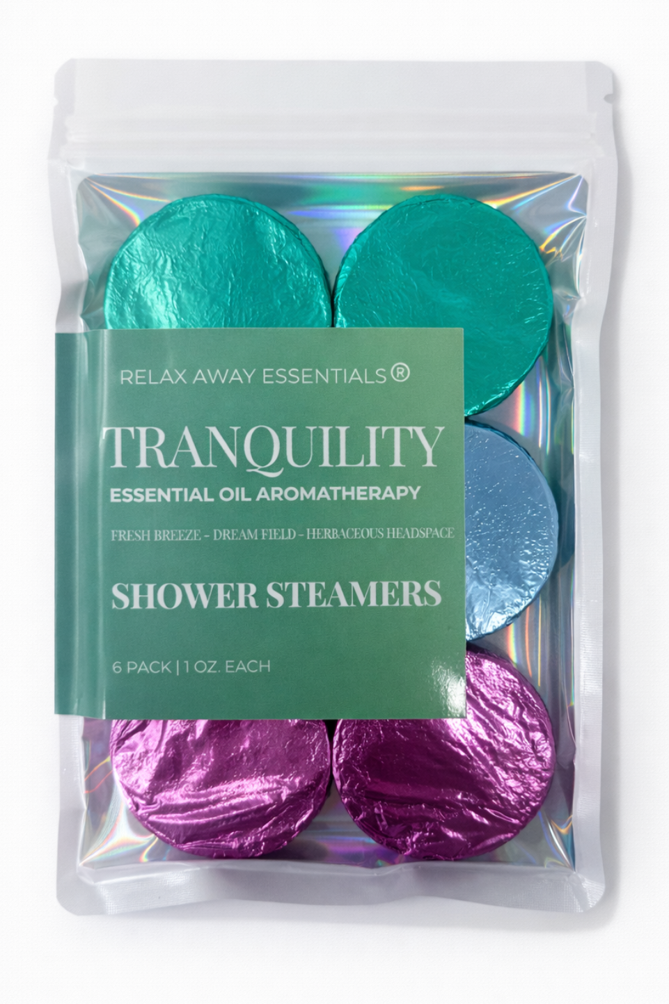 Tranquility shower steamers with essential oils including lavender, spearmint, lemongrass, lemon, peppermint, basil, rosemary