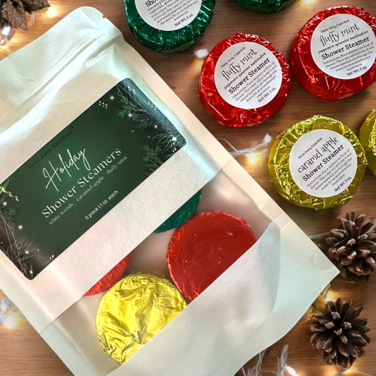 Holiday Shower Steamers 6 Pack | Fluffy Mint, White Woods, Caramel Apple